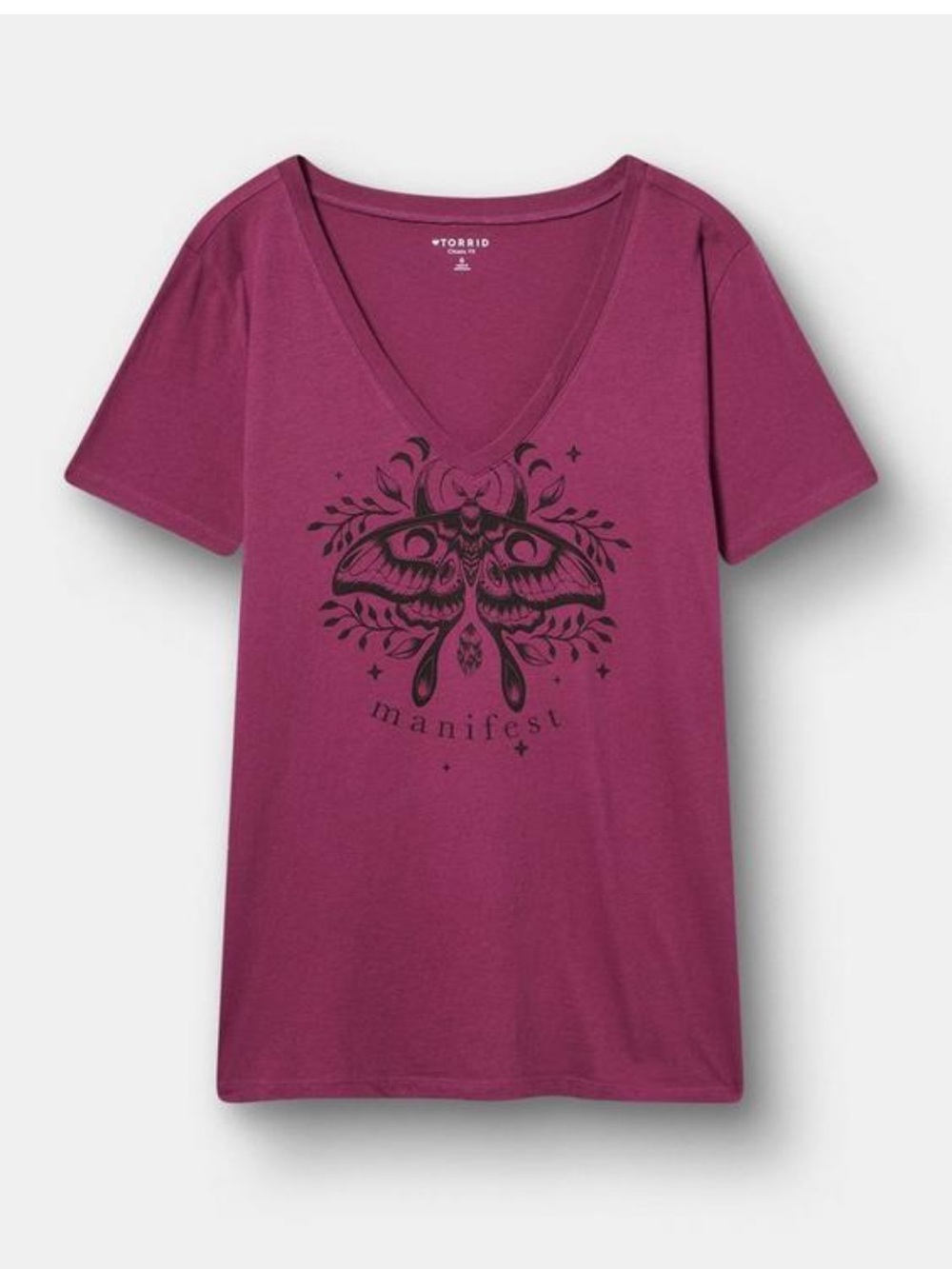 torrid Plum V-Neck Graphic Tee with Black Moth Design